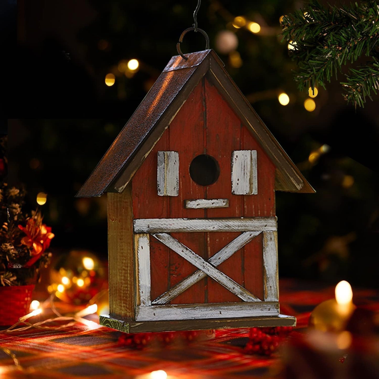Topadorn Birdhouse, 10.5" H Hanging Wooden Garden Bird House for Outside, Unique for Bird Lovers, Outdoor Holiday Garden Decor for Blue Bird, Cardinals, Sparrow, Chickadee