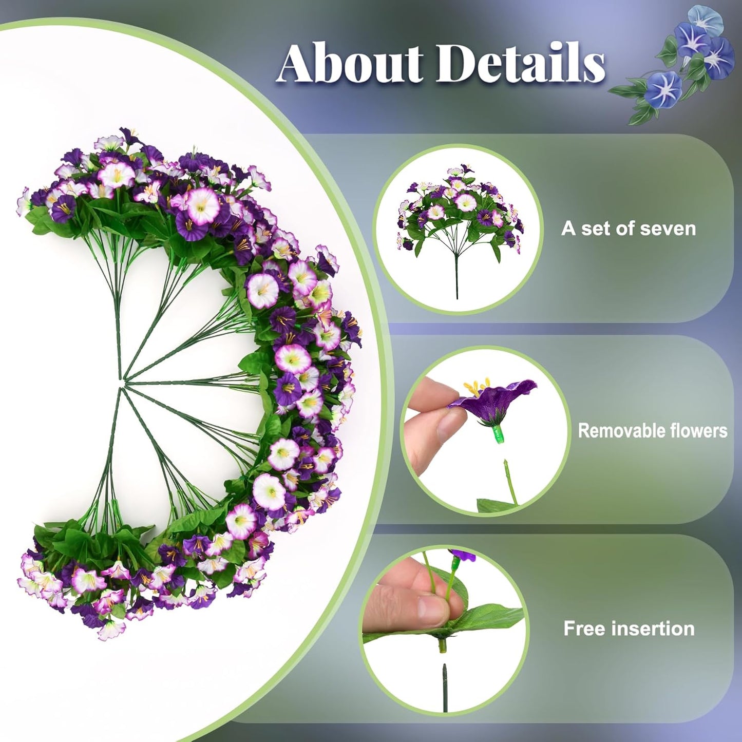 Artificial Hanging Flowers 12 inch Basket, Faux Silk Petunias Flower Arrangement,Coconut Lining Pot Planter with Morning Glories Patio Garden Porch Deck Spring Summer Decor(Purple Edge)