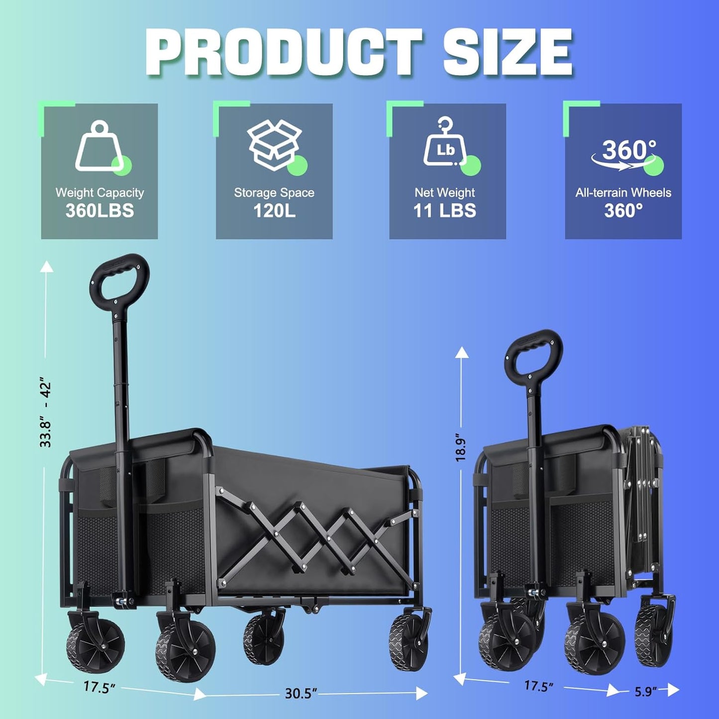 360LBS Collapsible Wagon Cart with Wheels - Heavy Duty Folding Wagon Carts for Grocery, Lightweight Utility Wagon with All-Terrain Wheels & 2 Cup Holders, Portable Beach Wagon for Shopping Garden