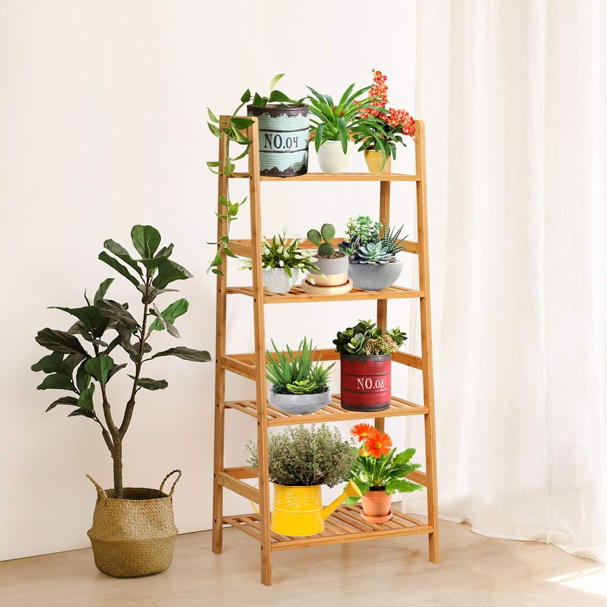 Giantex 4-Tier Ladder Shelf Plant Stand, Bamboo Flower Pots Holder Display Rack, Multifunctional Ladder-Shaped Bookshelf Storage Shelves for Home Office Living Room Bathroom Bedroom Kitchen (Natural)