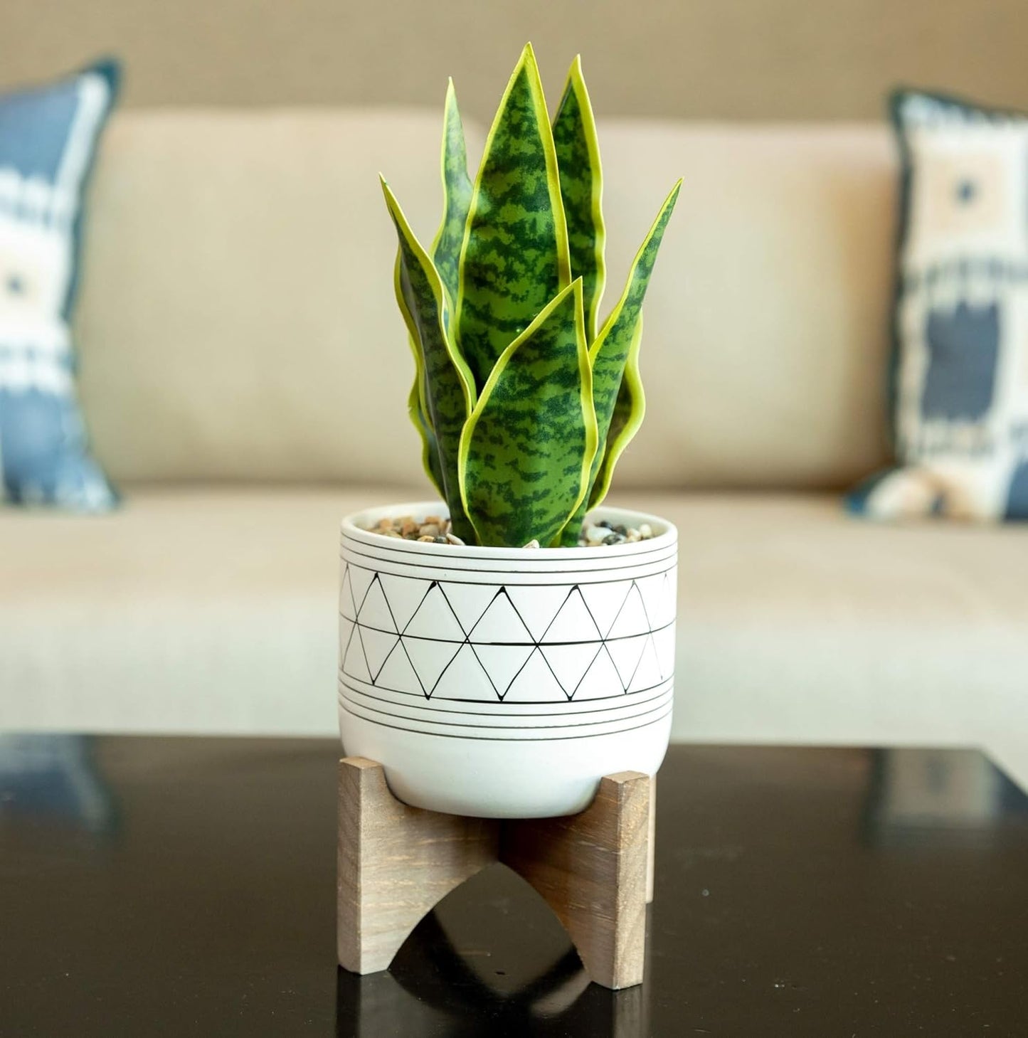Flora Bunda Large 12" Realistic Looking Artificial Snake Plant in Geo Paint Ceramic Pot with Wooden Stand for Outdoor Indoor Home or Office Décor Artificial Plant, Fake Plant