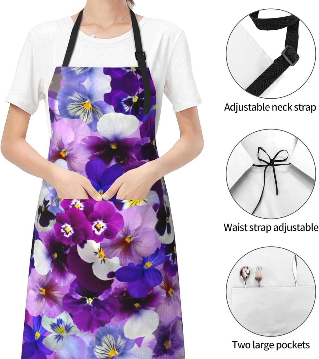 Purple Flower Print Laundry apron 28x33 In Waterproof Kitchen Apron with Pockets for Cooking Baking