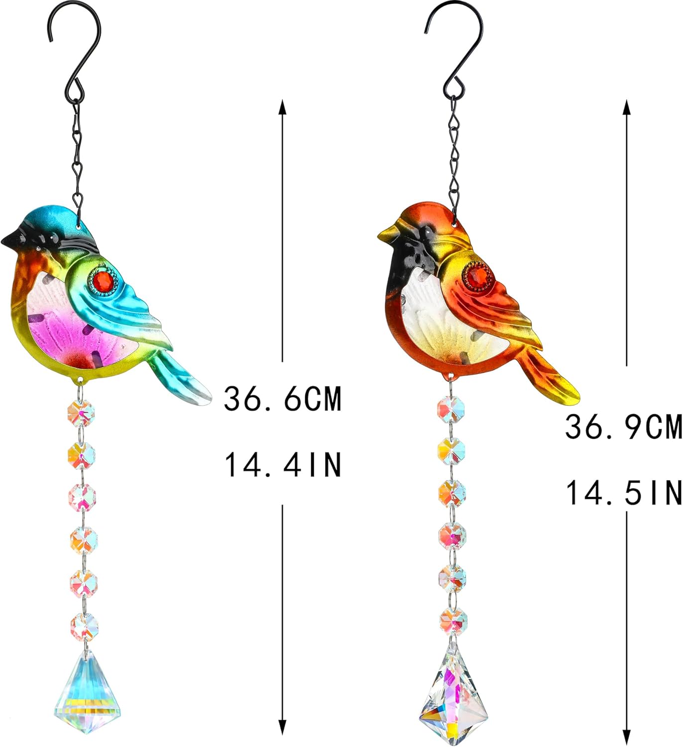 Set 2 Stained Glass Little Birds Suncatchers Rainbow Maker Crystal Prisms Hanging Suncatcher for Window Colorful Metal Birds Wall Art Fence Decorations Ornament for Christmas Tree