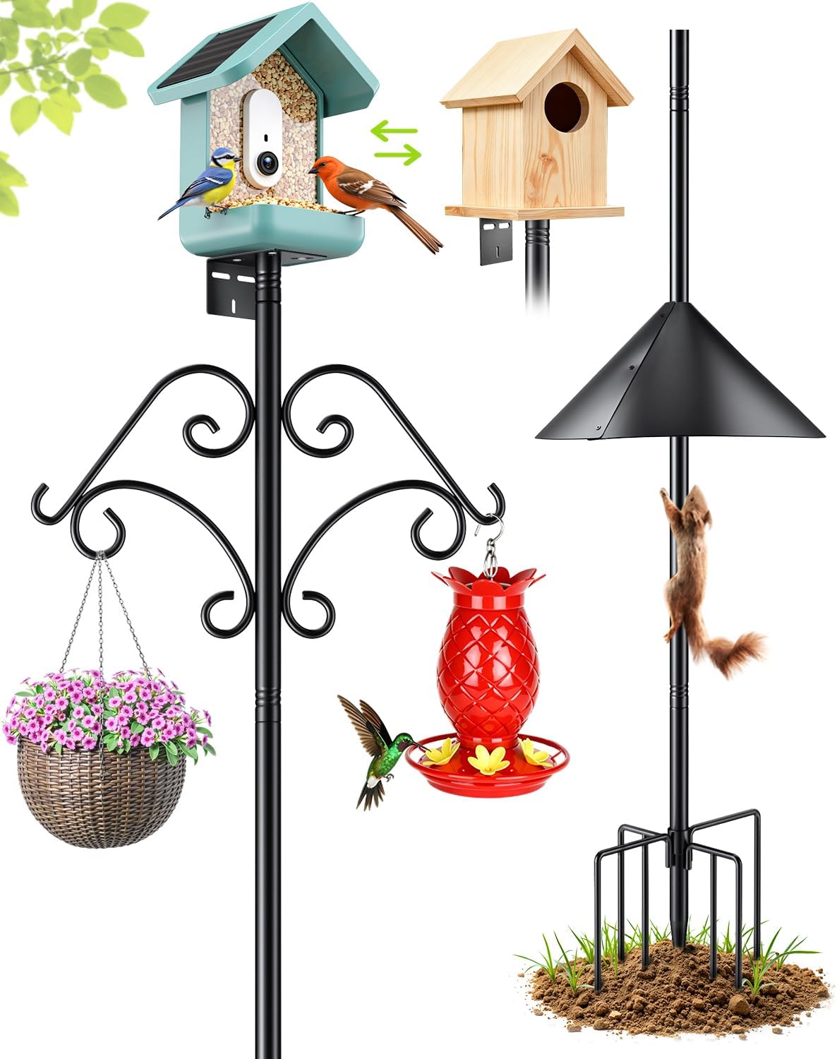 92 Inch Squirrel Proof Bird Feeder Pole with Baffle, Heavy Duty Bird House Pole with Shepherd Hooks for Outdoors, Adjustable Yard Bird Feeding Station for Hanging Bird Feeders, Plants, Wind Chimes