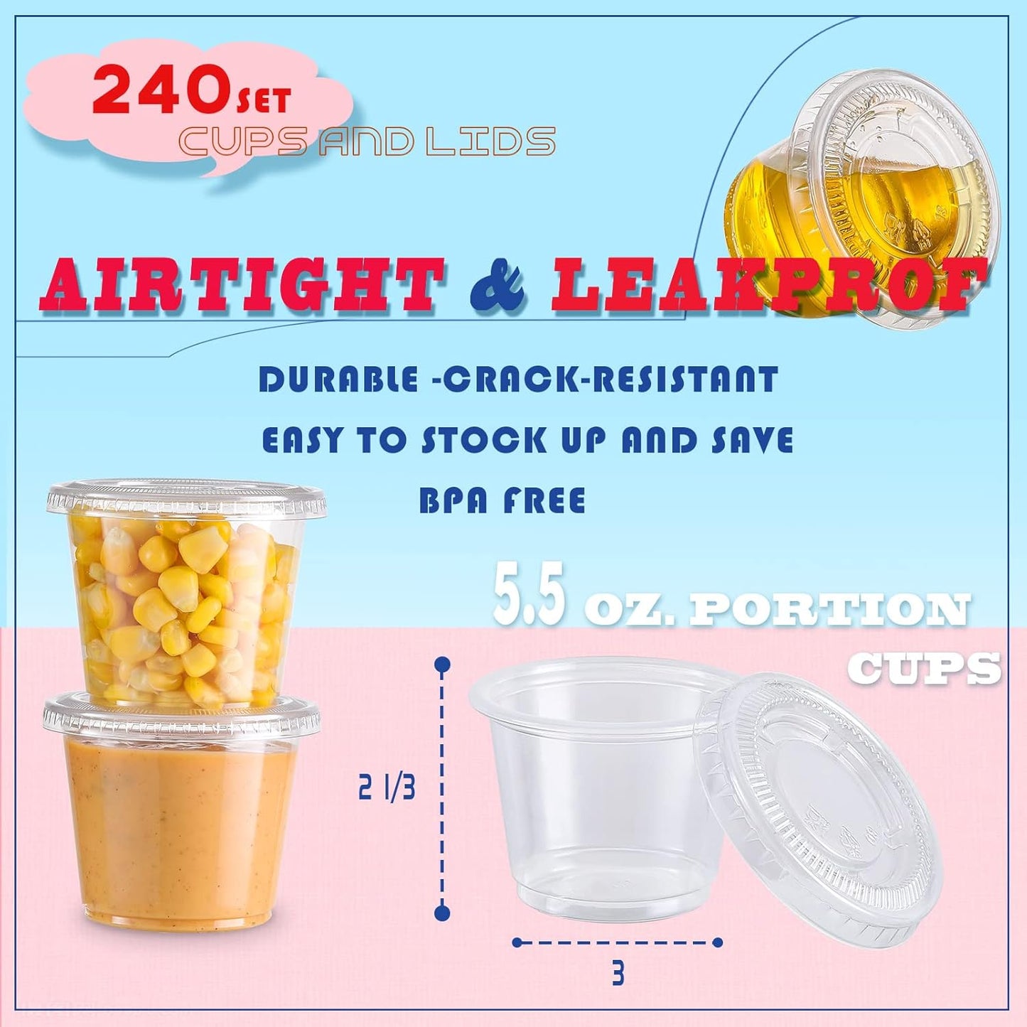 Portion Cups With Lids, 240 Sets - 5.5 oz Airtight, Stackable Souffle Cups, Salad Dressing & Sauce Containers for Lunch, Party, Trips