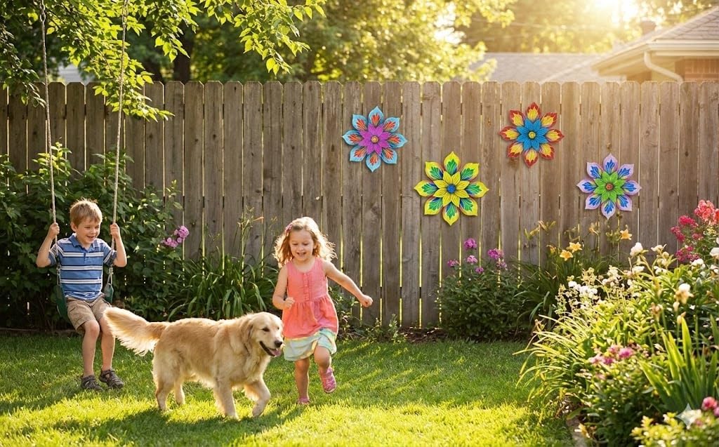 GENHAOTHREE Vibrant Metal Flower Wall Art Decor Set of 4-5.9 Inch Colo