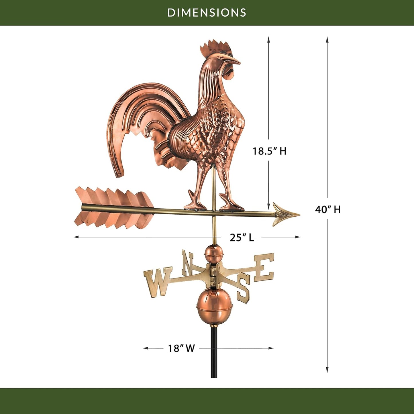 Good Directions Rooster Weathervane, Pure Copper, Polished Finish, 25-
