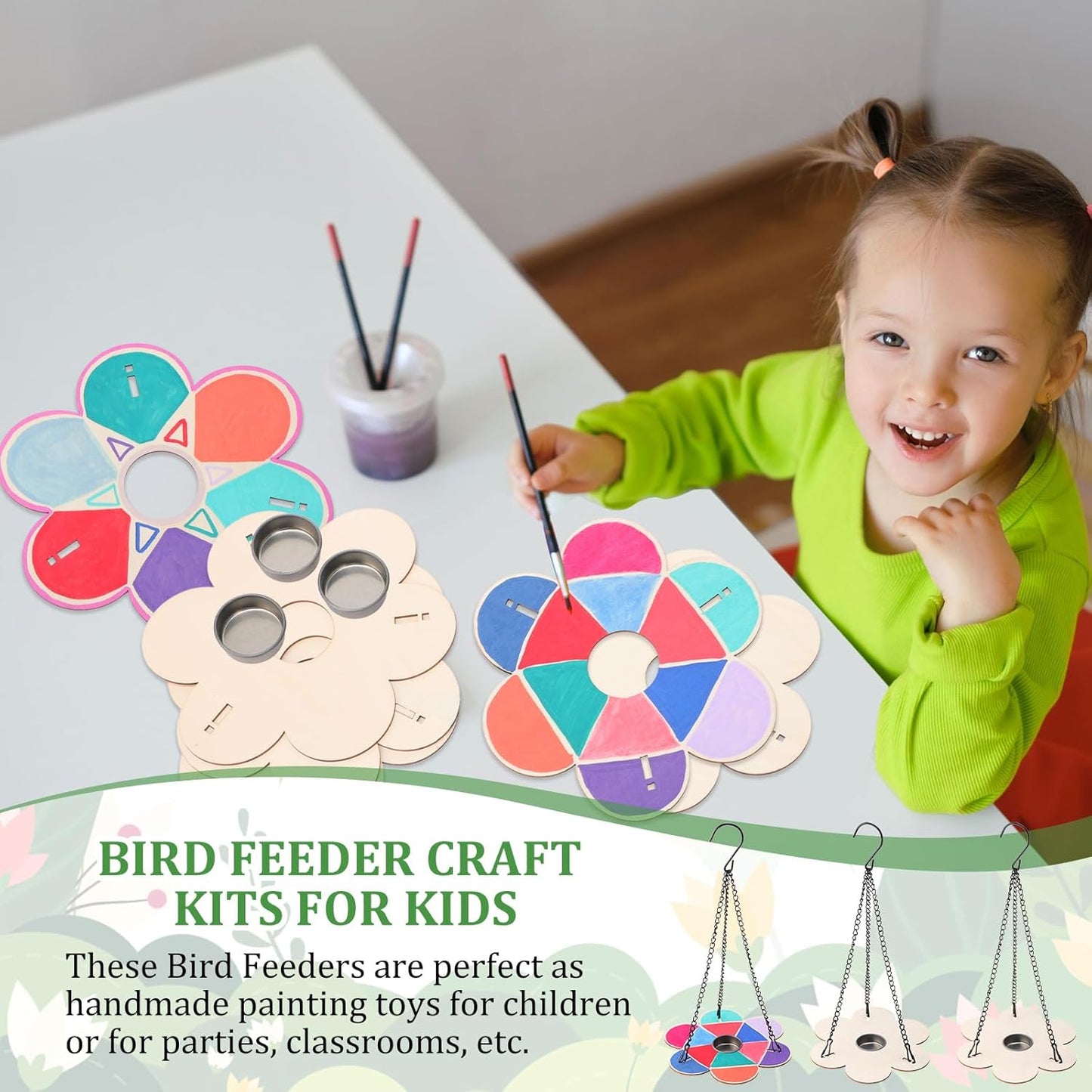 DoubleFill 36 Pack Bird Feeder Craft Kits with Chains for Kids Ages 3-8 Make Your Own Wooden Flower Bird Feeders with Aluminum Bowls DIY to Paint Craft for Garden Outdoor Activities (Flower)