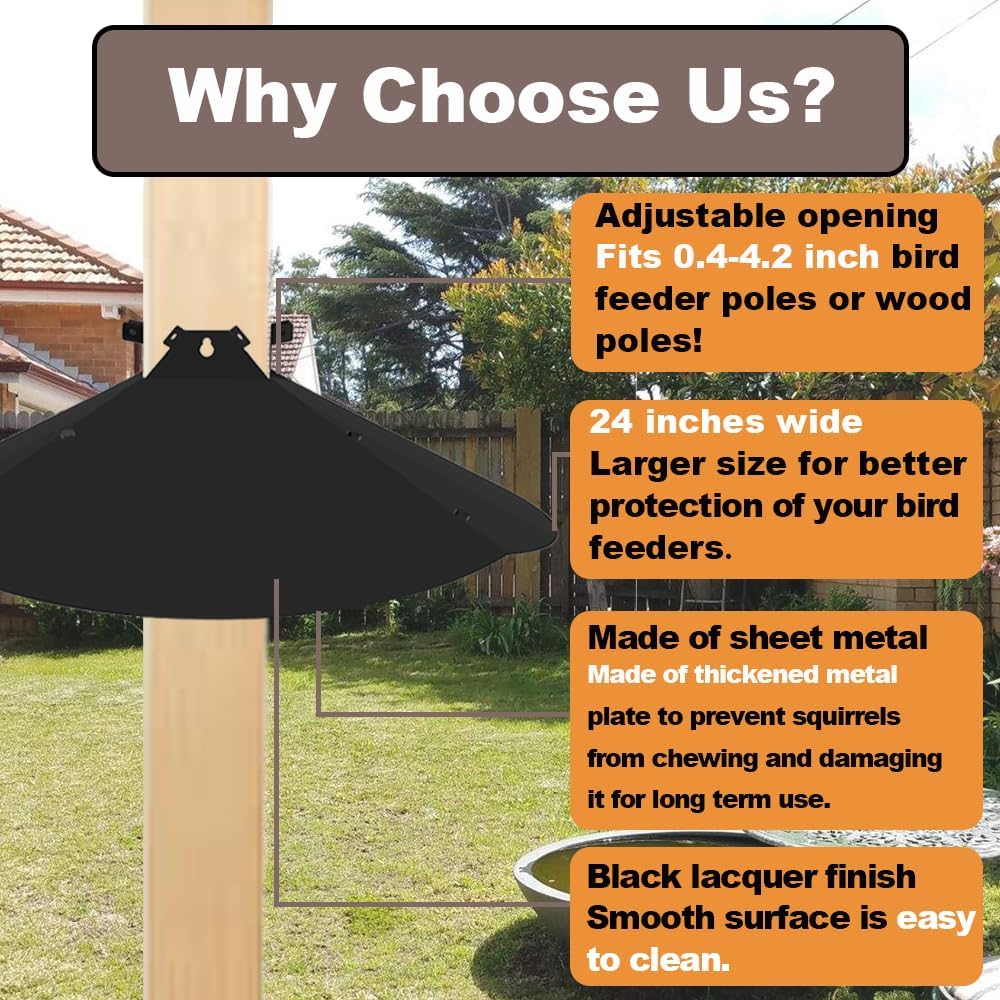 24 Inch Metal Squirrel Baffle,Adjustable Opening Size, for Up to 4x4 Wide Wooden Post,Squirrel Baffle for Bird Feeders Without Removing Bird Feeder Poles Or Shepherd's Hooks.Deep Black 1Pack