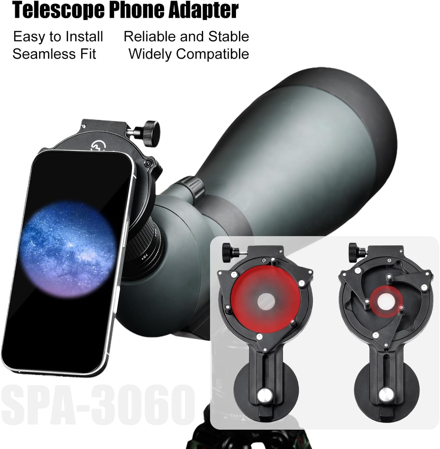 SUNWAY SPA-3060 Cell Phone Adapter for Binocular, Universal Smartphone Mount for Binocular, Compatible with Eyepiece Outer Diameter 30-60mm