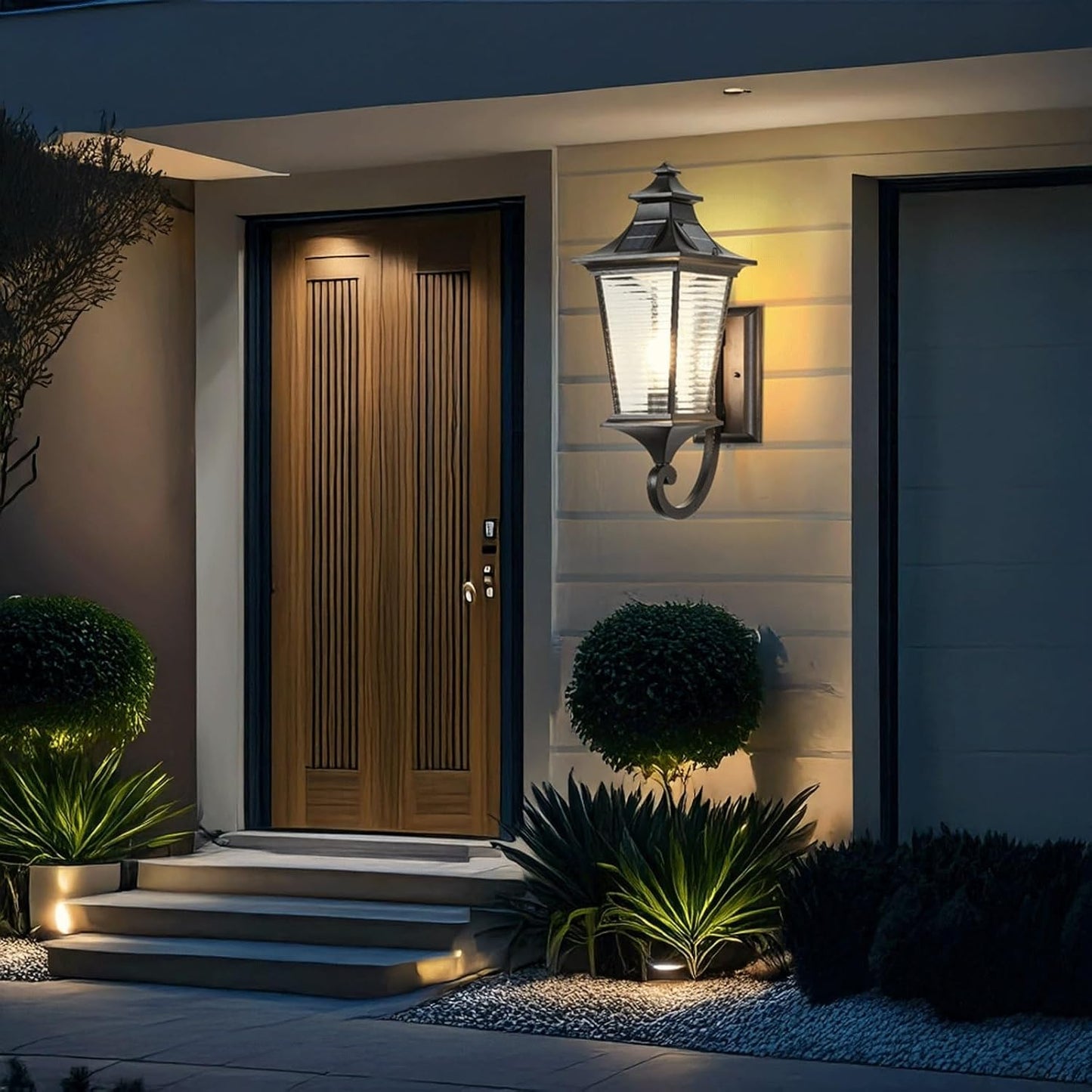 Solar Exterior Wall Lantern, Coffee Gold Die Cast Aluminum Lamp with Glass Shade, Waterproof Dusk to Dawn LED Fixture for Porch Patio Garden Villa Entryway Terrace Gate Path Cottage