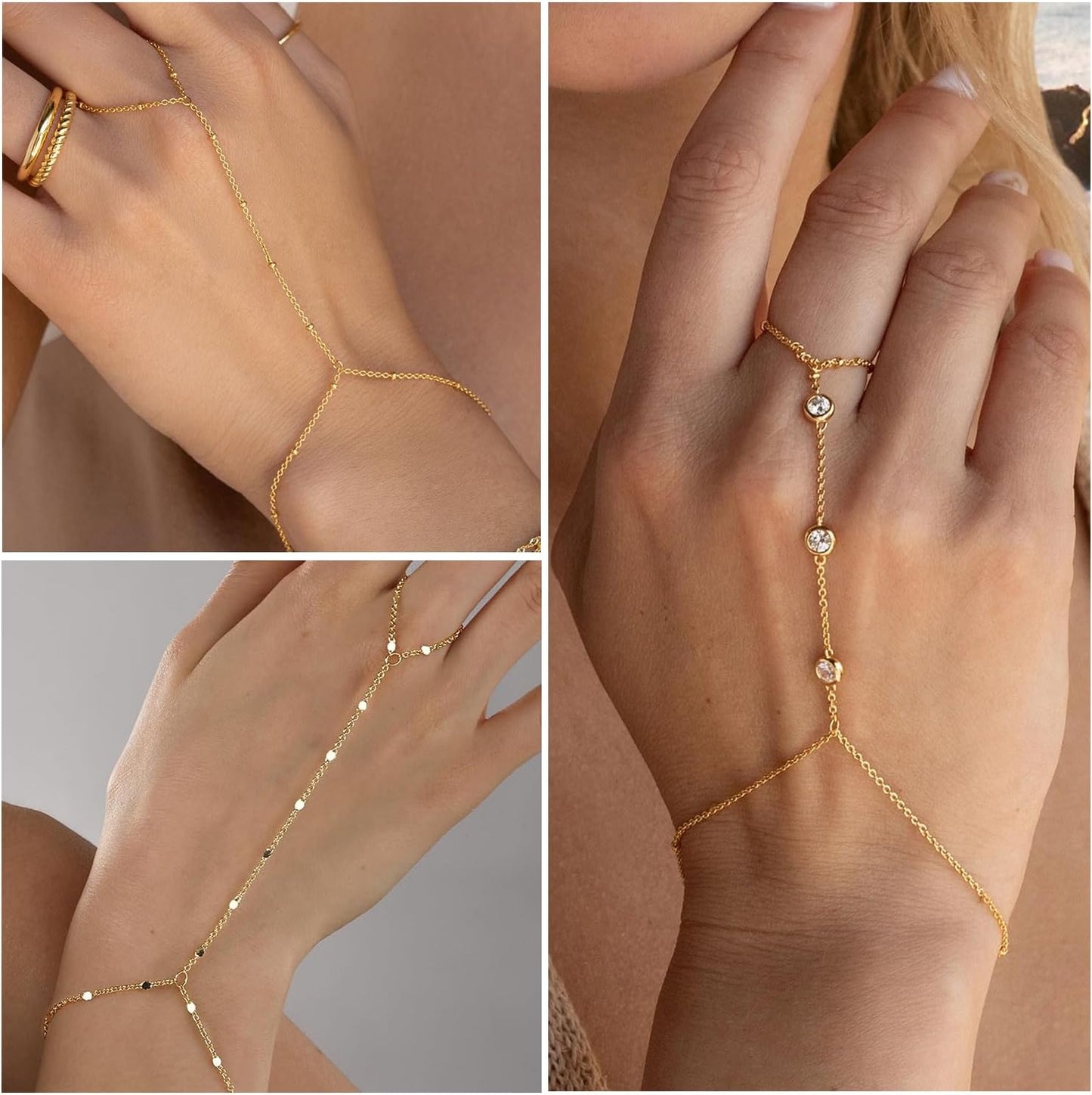 3PCS 14K Gold-Plated Hand Chain Bracelets for Women, Stack Bracelets S
