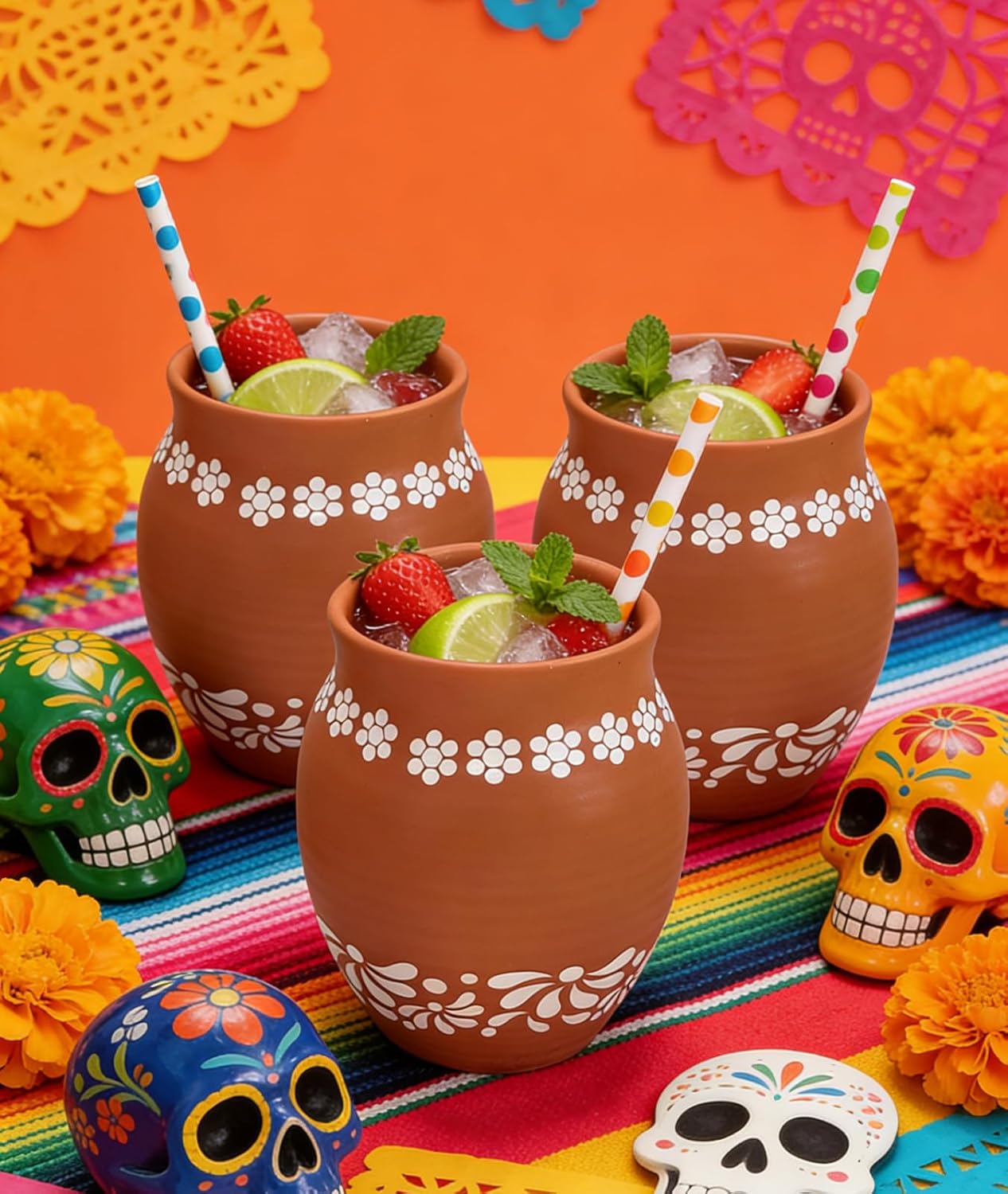 Mexican Style Ceramic Small Vases, 6-Pack Pink Flower Pots with Hand-Painted Daisy & Leaf Patterns, 16oz Decorative Vases for Home Decor, Party Centerpieces, Succulents & Crafts (Brown)