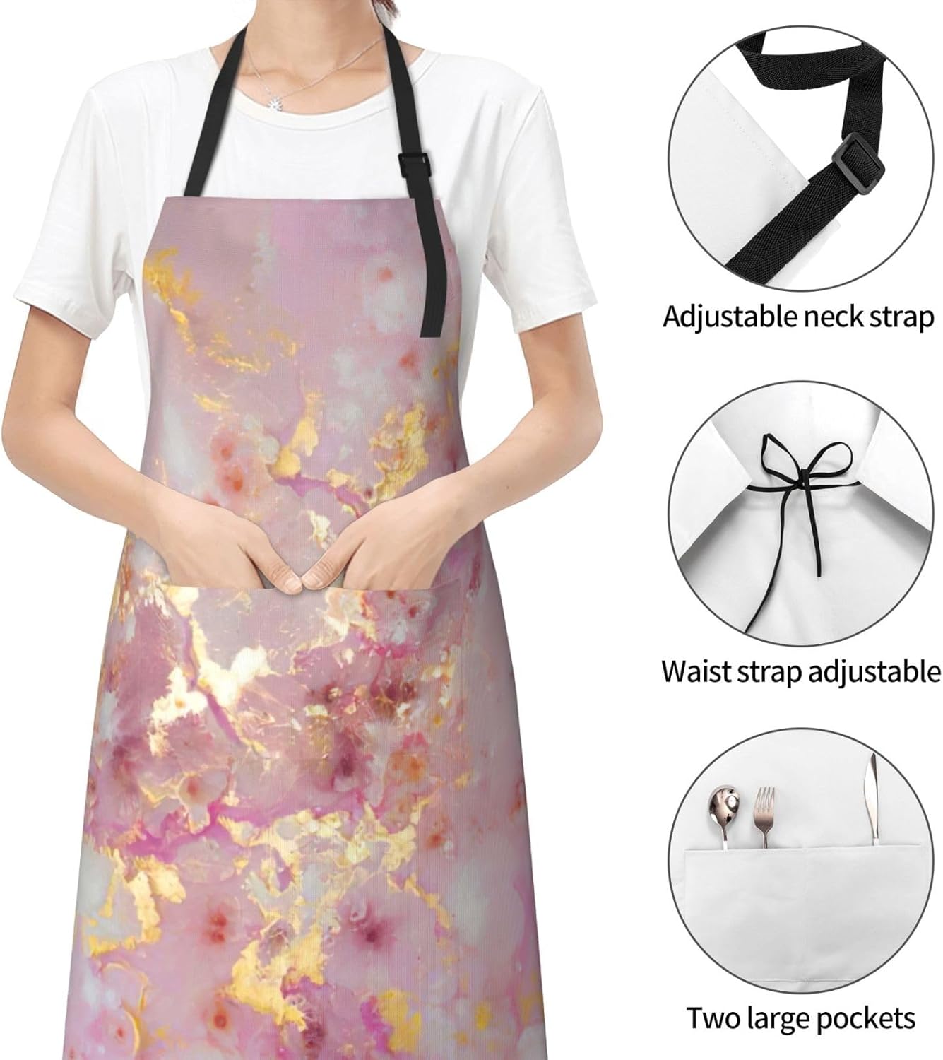 Pink Marble Texture Print Laundry apron 28x33 In Waterproof Kitchen Apron with Pockets for Cooking Baking