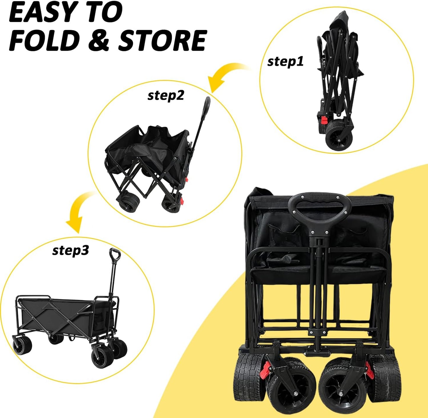 Heavy Duty Collapsible Wagon Cart with Wheels - Large Capacity Foldable Portable Utility Wagon for Grocery, Beach, Camping & Sports Shopping, Black