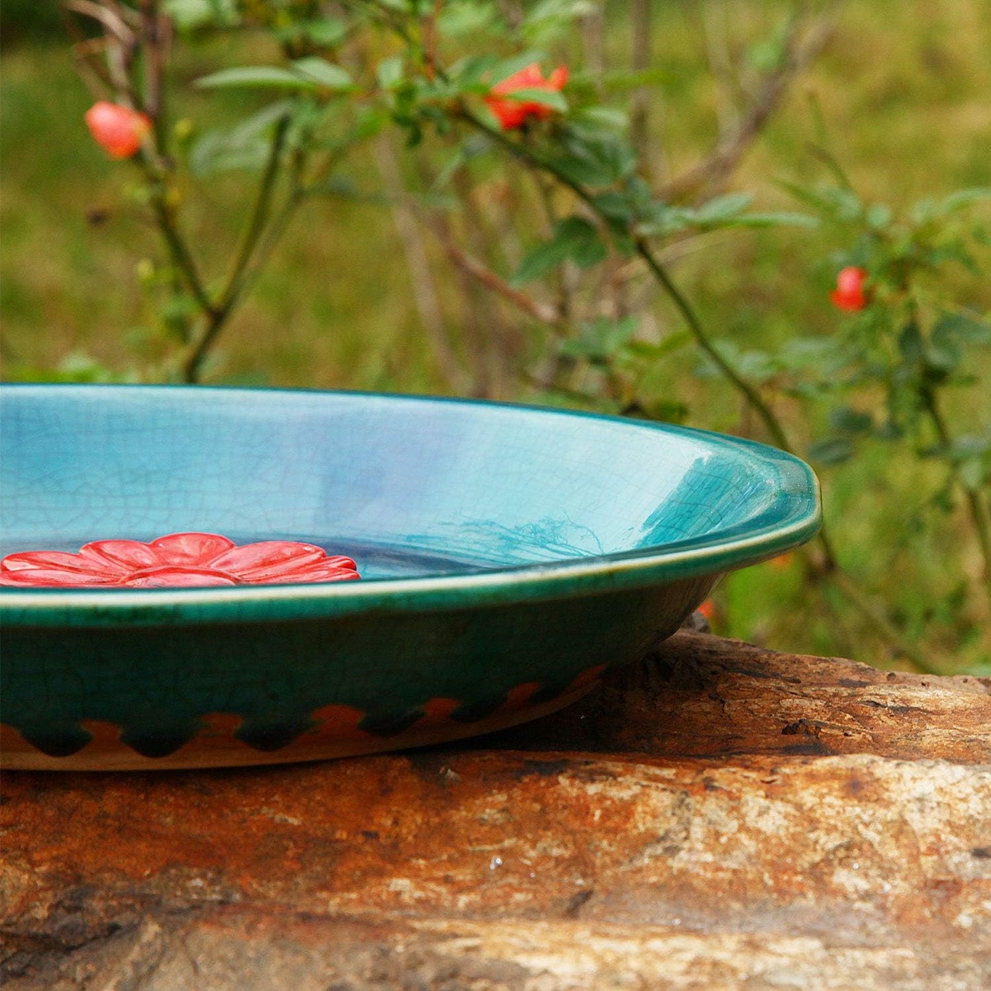 DUSVALLY Birdbath Ceramic Bowl Decor for Bee Bird for Outside, Bird Bath Bowl Vintage Decoration for Garden and Patio, Blue with Red Flower
