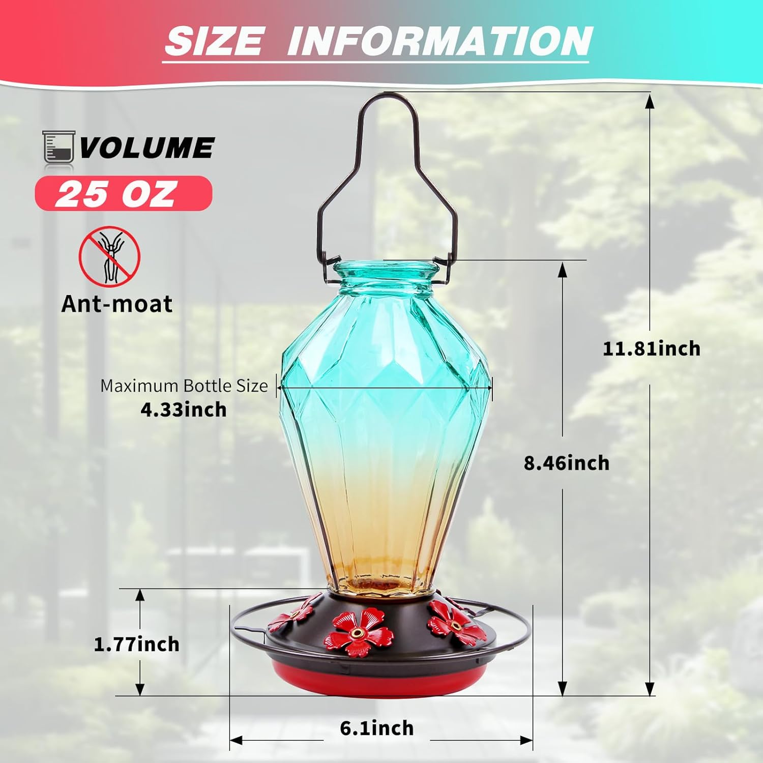 Glass Hummingbird Feeder for Outdoors Hanging, 25Oz Humming Bird Necta