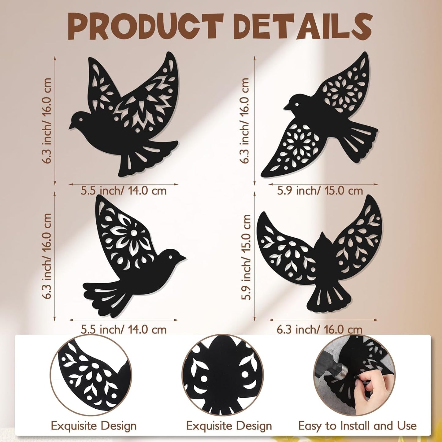 Capoda 4 Pcs Metal Bird Wall Art Flying Bird Wall Decor Birds Sculpture Silhouette for Scandinavian Home Decor Office Rustic Room Patio Garden Outdoor Decoration Memorial Gift Sympathy Cemetery Grave