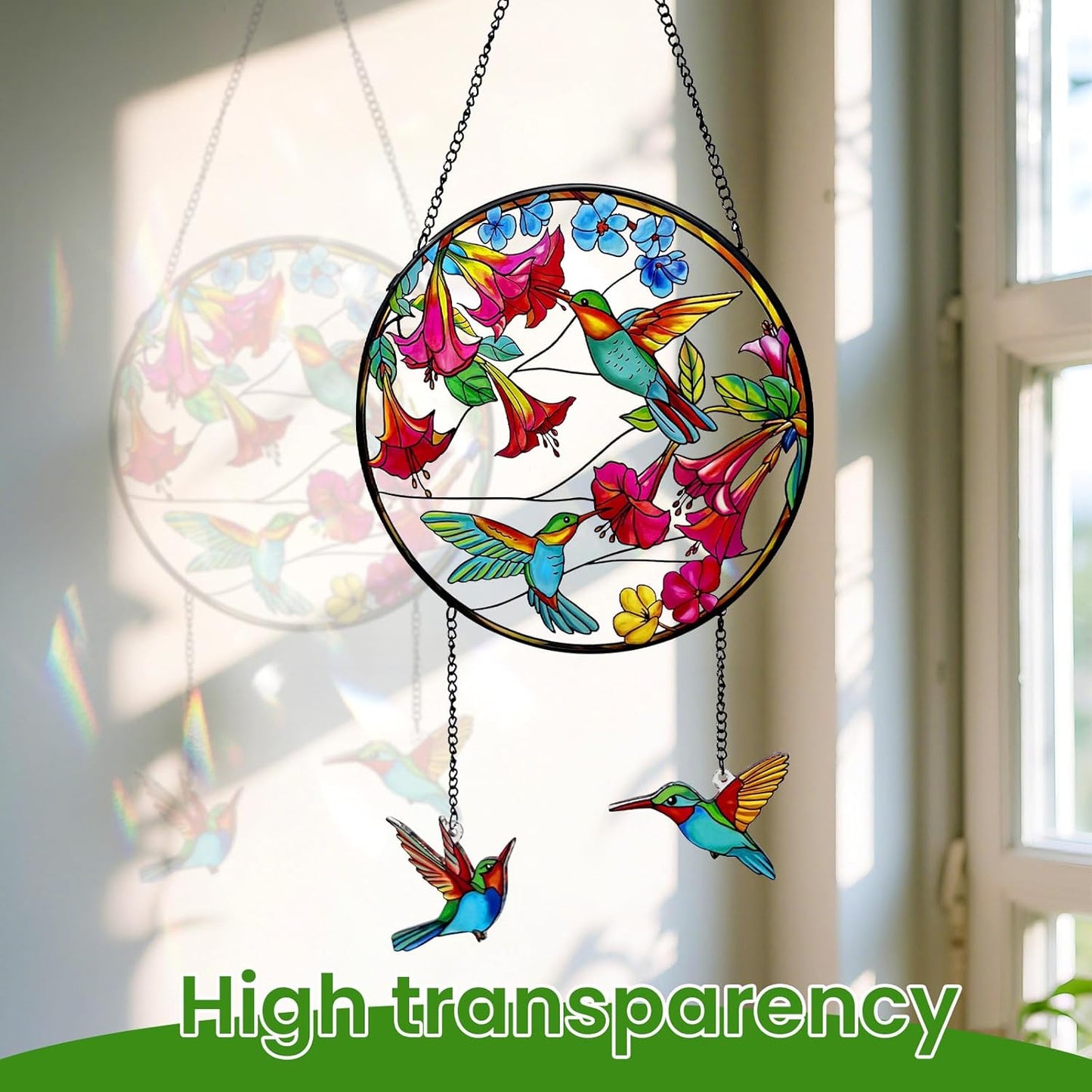 Stained Glass Suncatcher for Window, Marzovitra 8 inch Hummingbird Sun Catcher Hanging with Flowers & 2 Dangling Charms Real Glass Window Decor, Garden Hanging Art Gift for Women, Mom, Nature Lovers
