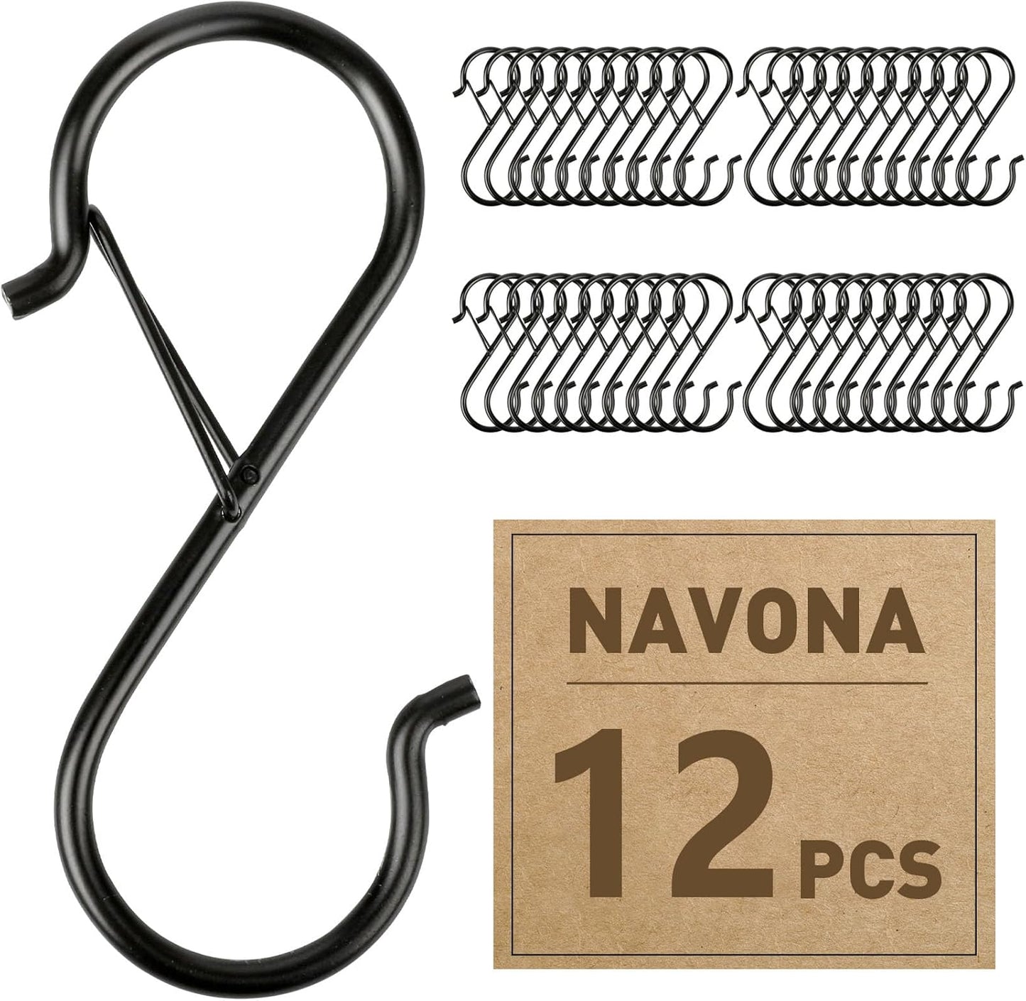 12 Pcs S Hooks for Hanging Heavy Duty, 3.5-inch Heavy Duty Metal S Hook with Safety Buckle, Suitable for 0.5 inch Rods, S Hook for Hanging Plants, Closet, Kitchen Utensil, Pot, Pan, Bags