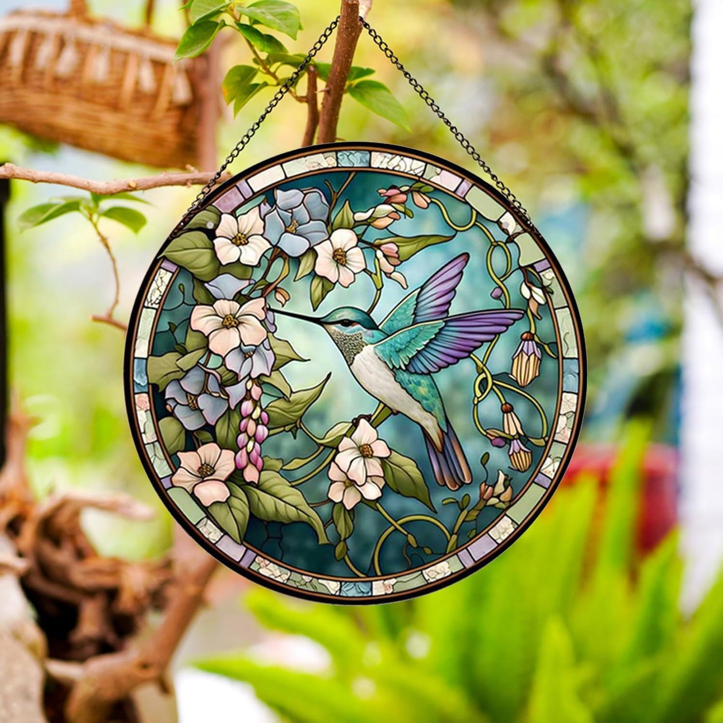 Hummingbirds and Flowers Pattern Stained Glass Suncatchers for Windows,Hanging Stained Glass Suncatcher,20cm/7.87inch Hand-Painted Sun Catcher Garden Painted Glass Panel Decor Themed Gift