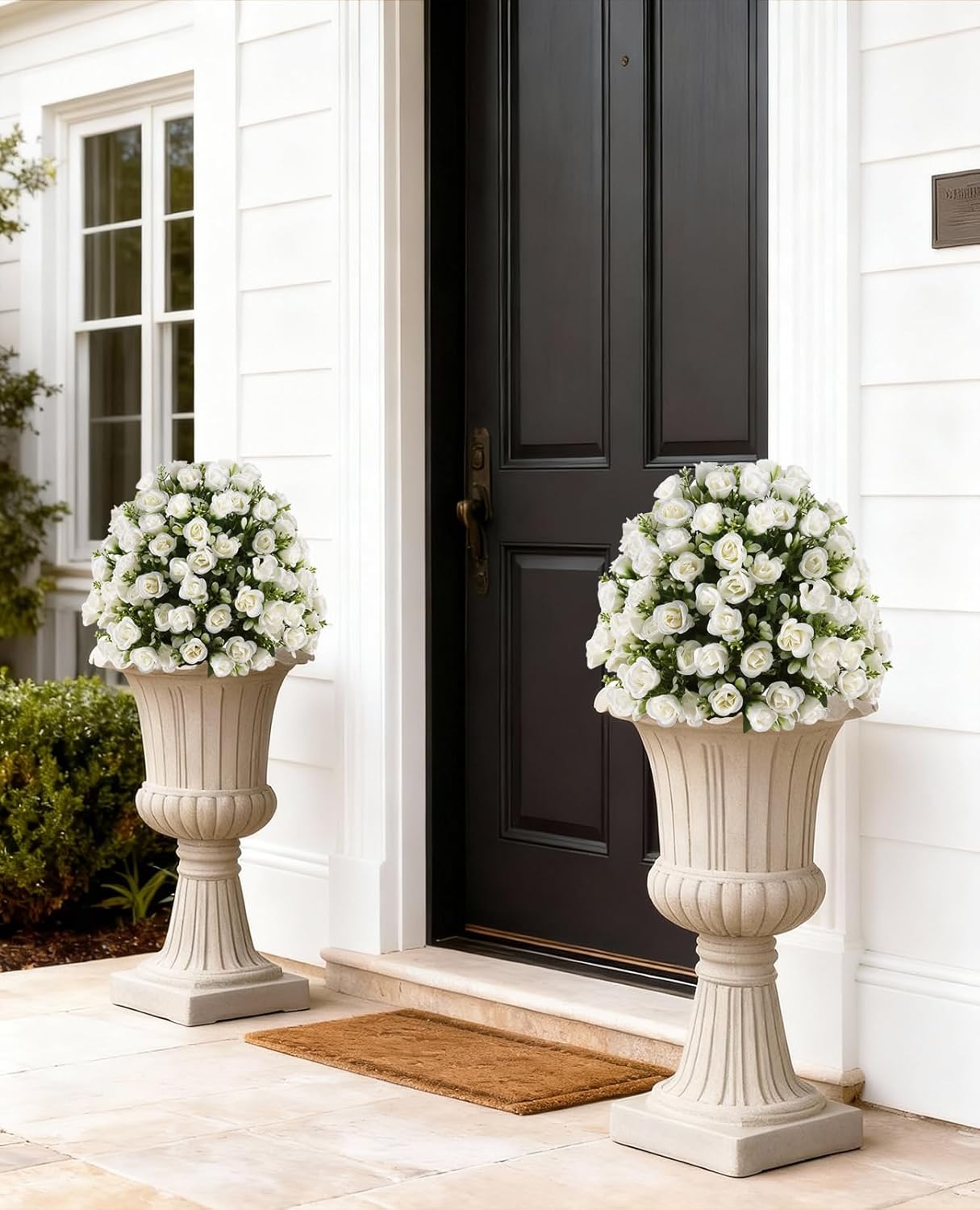 24’’ White Rose Topiary Ball Tree, Faux Plants Outdoor Rose Bush, Fake Evergreen Potted Plants Artificial Decor for Garden, Front Porch, Living Room, Balcony Decor, Set of 2