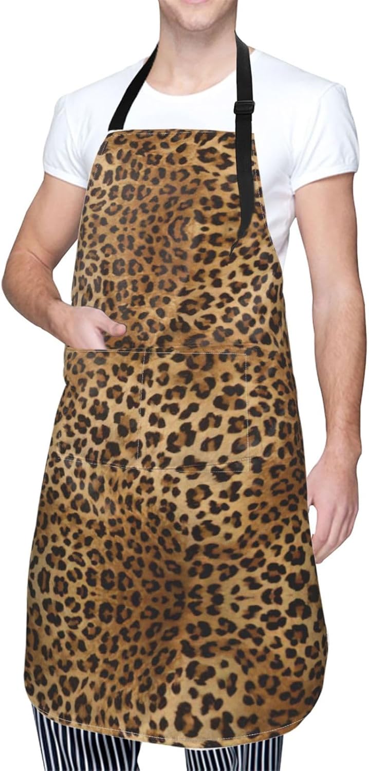 Cute Leopard Print 28x33 In Adult Kitchen Apron with Pockets Versatile Chef Smock for Cooking Baking