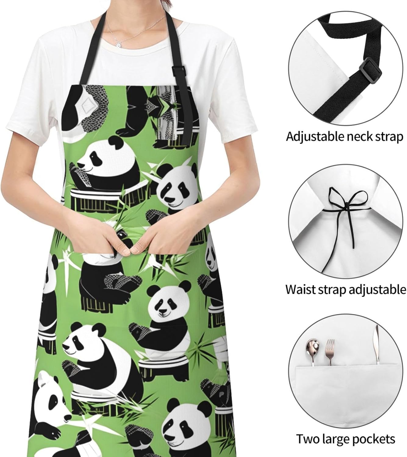 Panda bamboo print Waterproof chef's apron with pocket apron for kitchen cooking baking barbecue and gardening