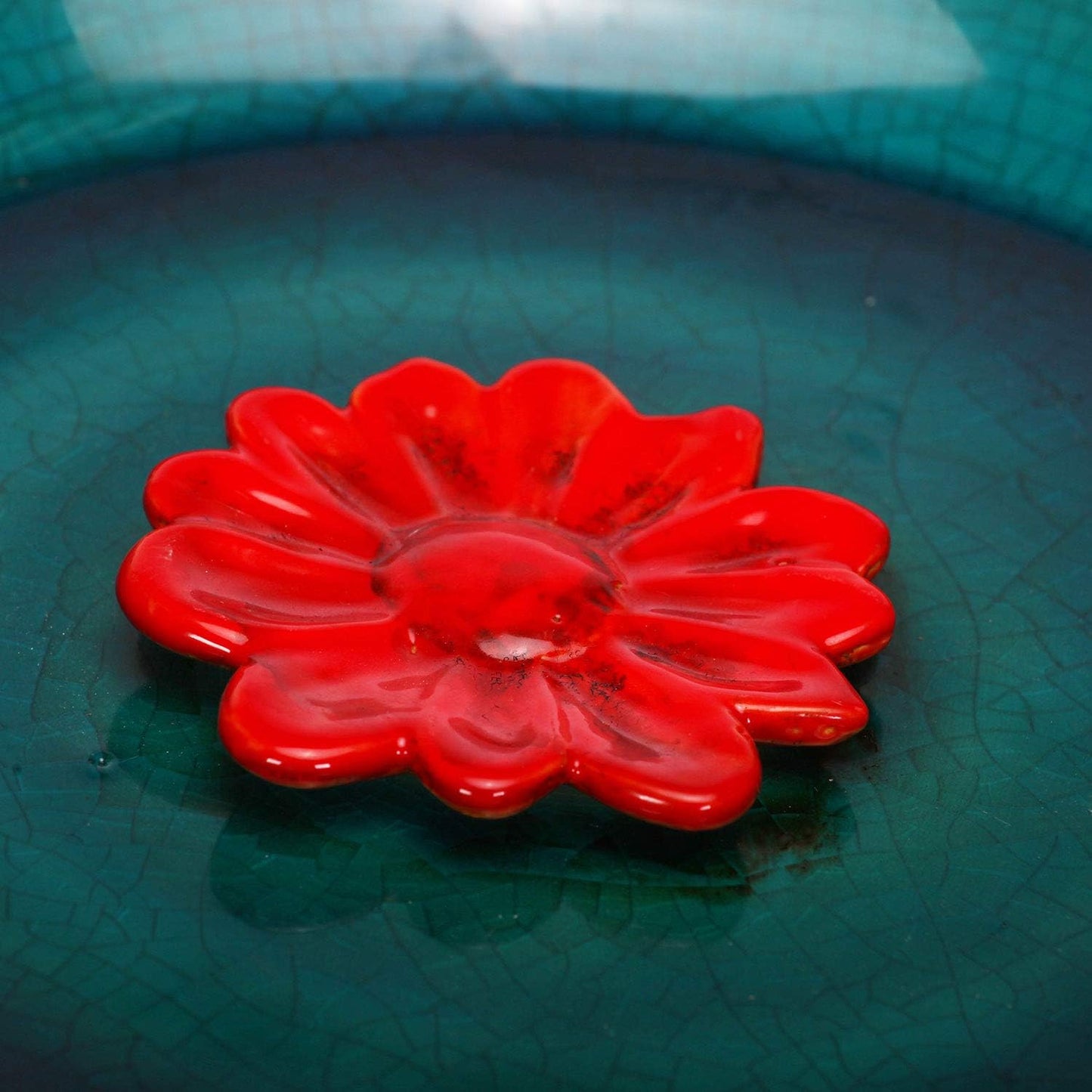 DUSVALLY Birdbath Ceramic Bowl Decor for Bee Bird for Outside, Bird Bath Bowl Vintage Decoration for Garden and Patio, Blue with Red Flower