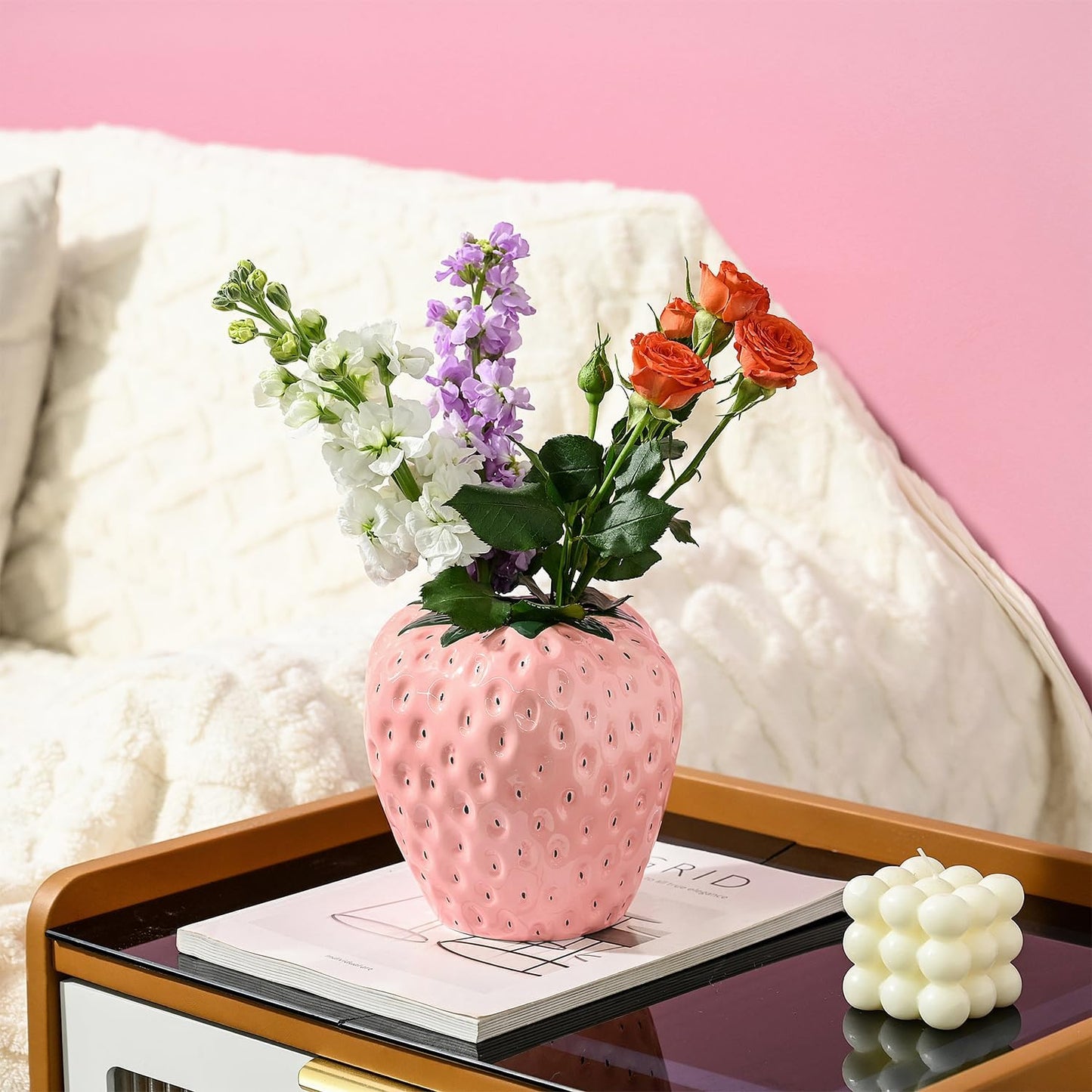 Strawberry Vase for Flowers, Dusty Pink Ceramic Fruit Vase, Strawberry Shaped Planter Pot with Green Leaves and Black Seeds for Table Centerpiece, Home Spring Kitchen Decor