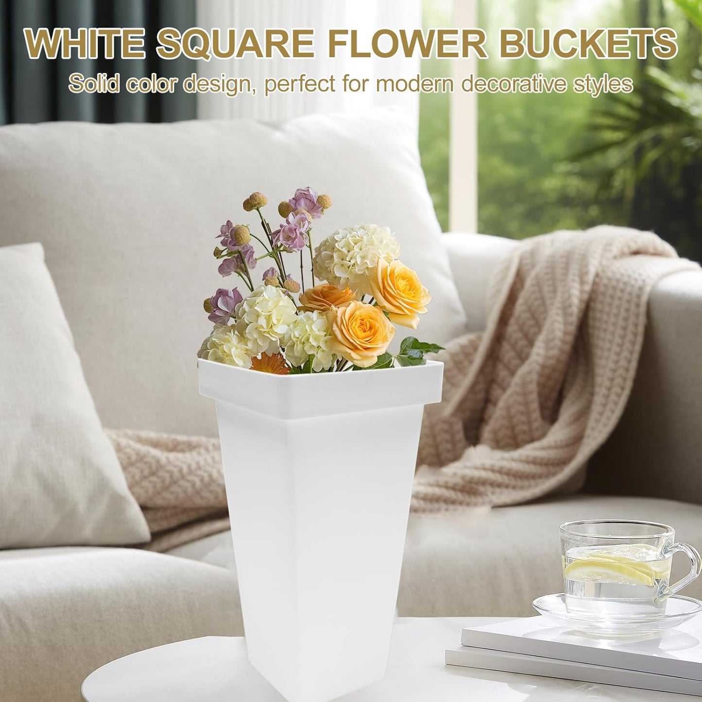 Homegroove 12 Pcs Plastic Flower Buckets, 13.4 Inch Square Floral Display Stand, Tall Vase for Cut Flowers, Indoor/Outdoor Home Wedding Bar Supplies