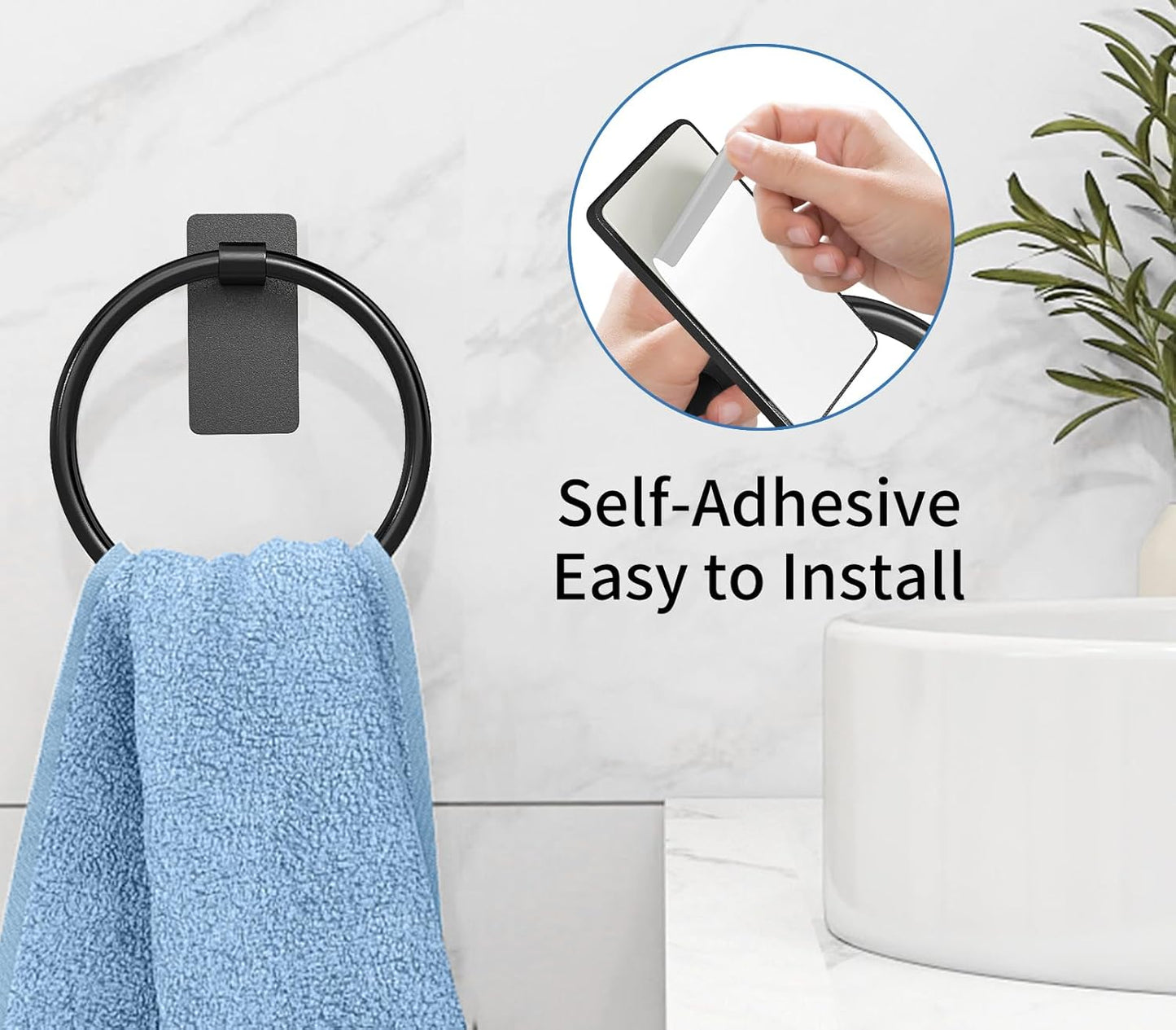Adhesive Towel Ring, Hand Towel Holder for Bathroom, Adhesive Round Towel Ring for Bath RV, Black
