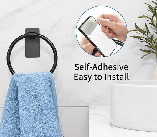 Adhesive Towel Ring, Hand Towel Holder for Bathroom, Adhesive Round Towel Ring for Bath RV, Black