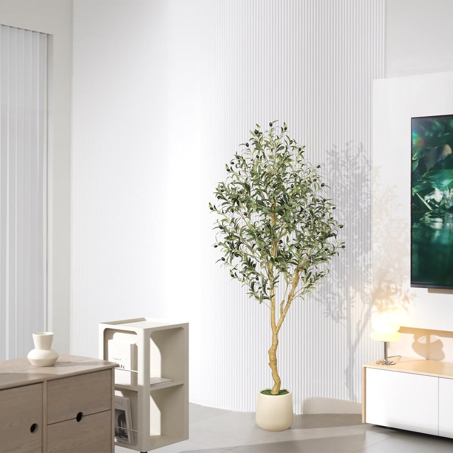 Olive Trees Artificial Indoor 6FT with Planter - Tall Potted Faux Olive Tree, Artificial Plant with Natural Looking Trunk and Lifelike Fruits for Home Office Decor, Weighted Base
