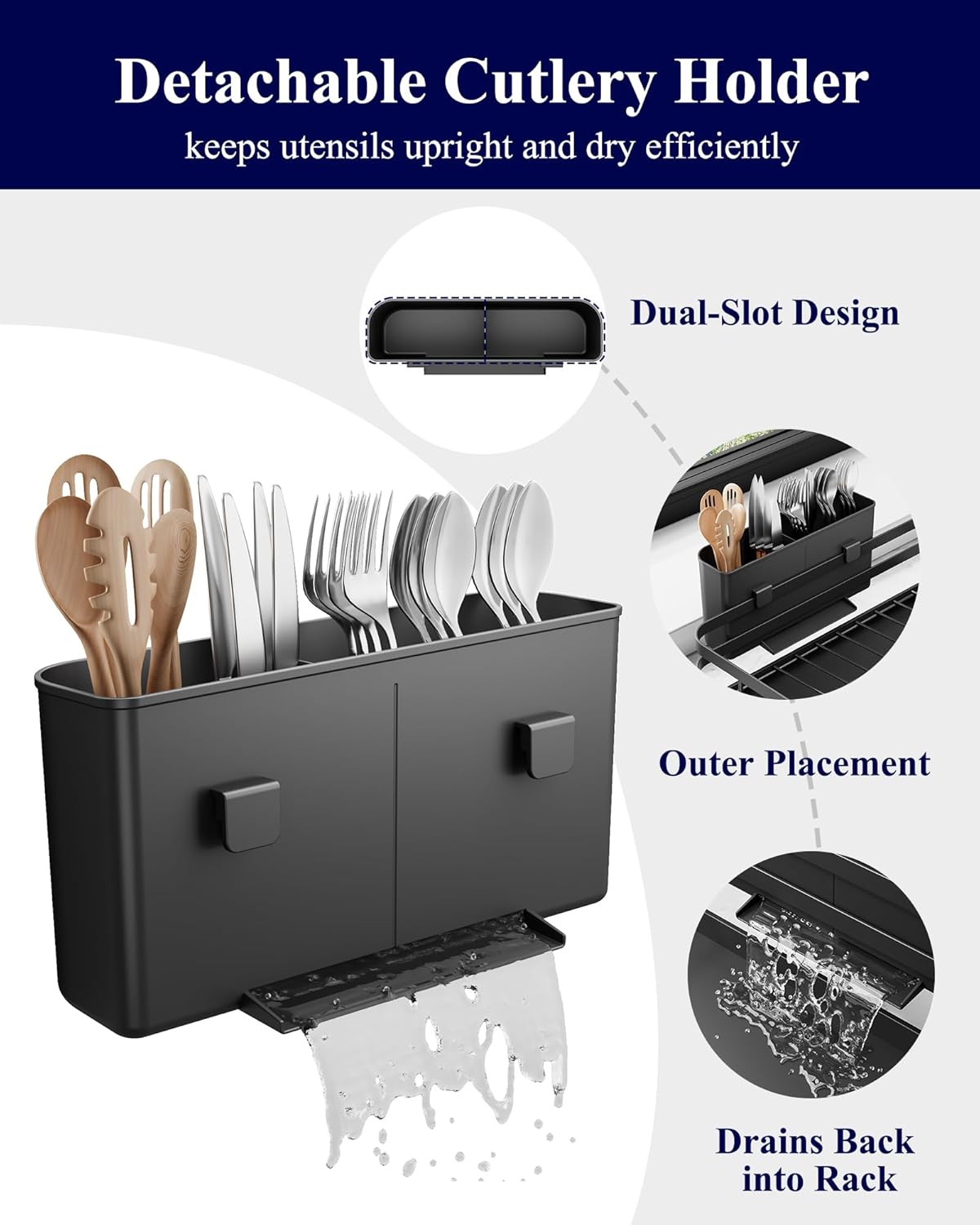 Kitsure Dish Drying Rack - Multi-Functional Dish Rack for Kitchen Counter with Cutlery Holder, Rust-Proof Storage Solution with Rotatable, 15.7" x 12.0" x 5.5", Black