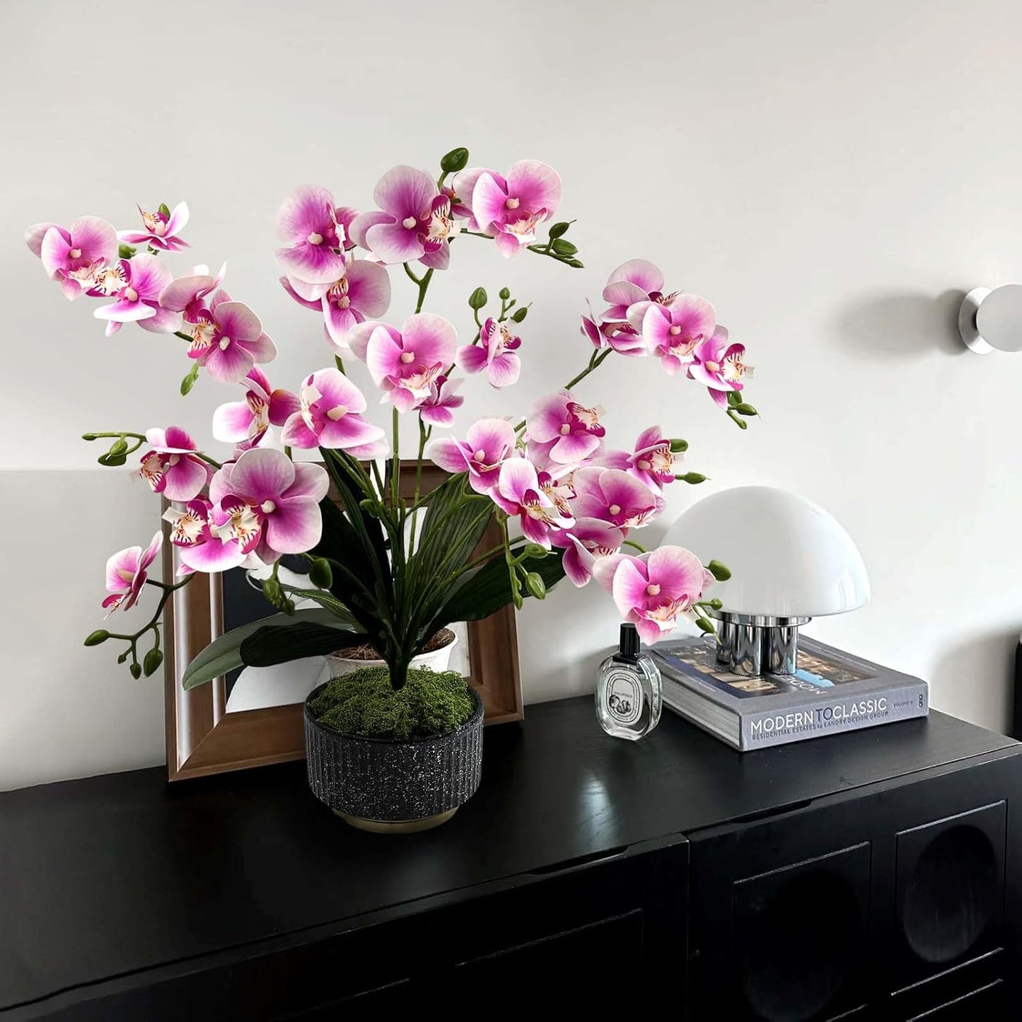 Daily Treasures Artificial Orchid Flower in Pot - 33 Realistic Flower Heads with Adjustable Stems, Premium Black & Gold Ceramic Vase, No Maintenance Faux Floral Decor for Home Office Bathroom