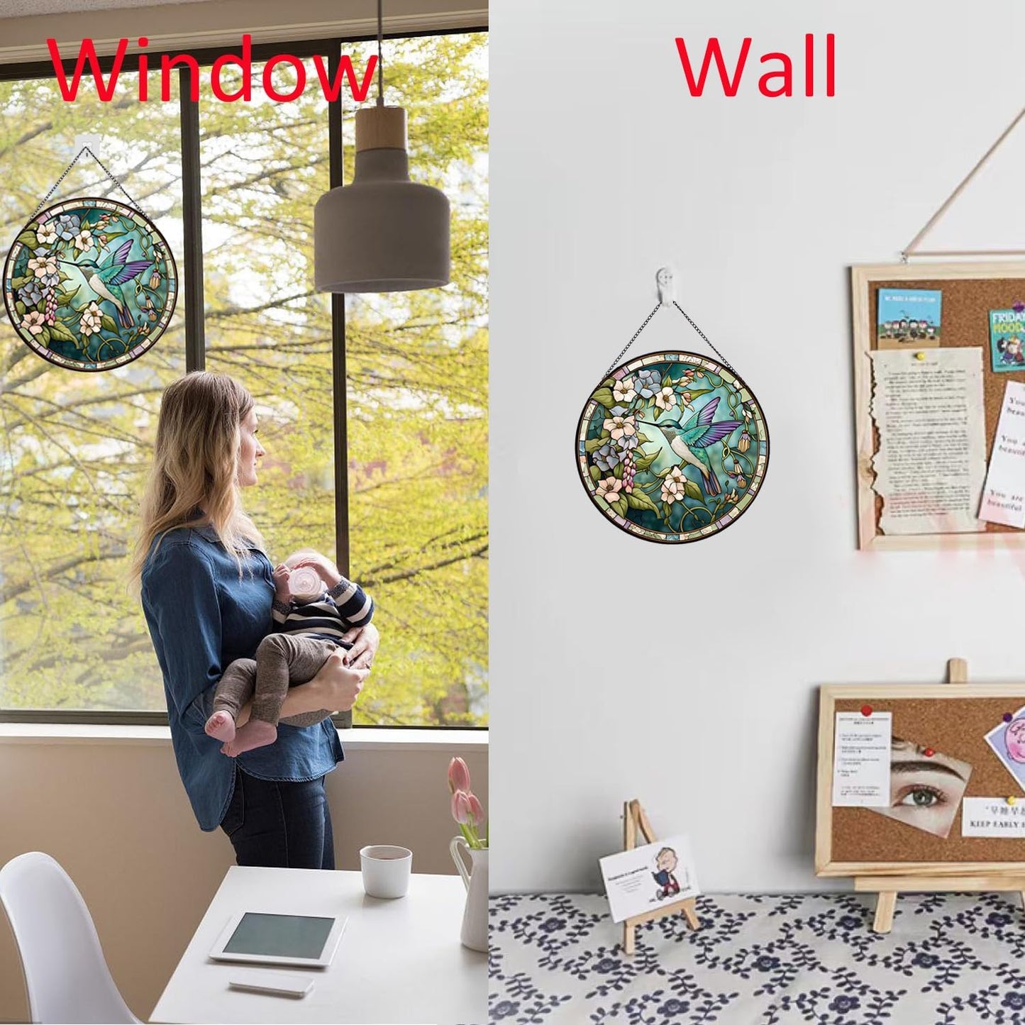 Hummingbirds and Flowers Pattern Stained Glass Suncatchers for Windows,Hanging Stained Glass Suncatcher,20cm/7.87inch Hand-Painted Sun Catcher Garden Painted Glass Panel Decor Themed Gift