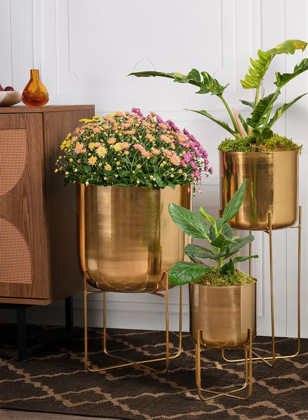 Serene Spaces Living Tall Gold Planter with Detachable Metal Stand - Modern Mid Century Decorative Indoor Plant Pot - Large Floor Planter for Living Room, Kitchen, Office - 26" H x 9.25" Diameter