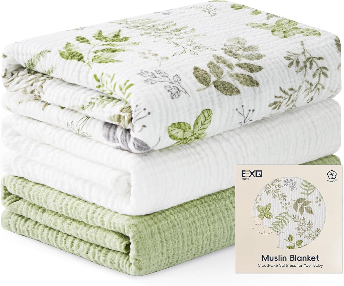 EXQ Home Muslin Swaddle Blankets for Baby, 3 Pack Cotton Breathable So
