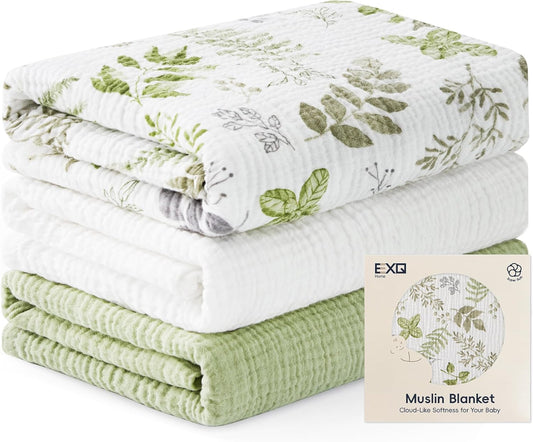EXQ Home Muslin Swaddle Blankets for Baby, 3 Pack Cotton Breathable So