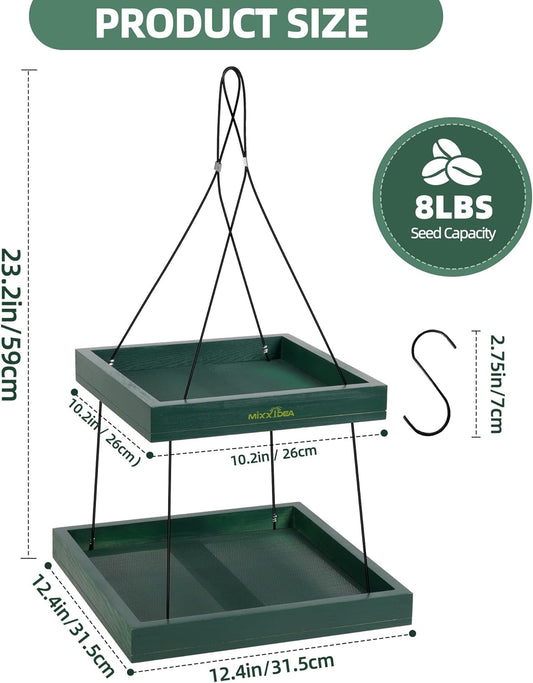 MIXXIDEA Bird Feeder Hanging Tray, 2-Tier Bird Feeders for Outdoors, Wooden Seed Tray Platform Mesh Seed Platform for Outside Garden Yard Decoration Attracting for Wild Birds (Green)