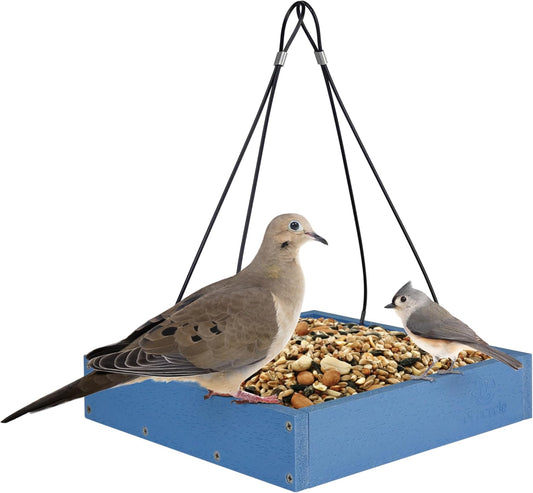 Perfect Picnic Recycled Plastic Bird Feeder with Fresh Seed Tray for Wild Birds and Outdoor Décor, Hanging Tray Feeder, 1.5 Quart Capacity, Blue