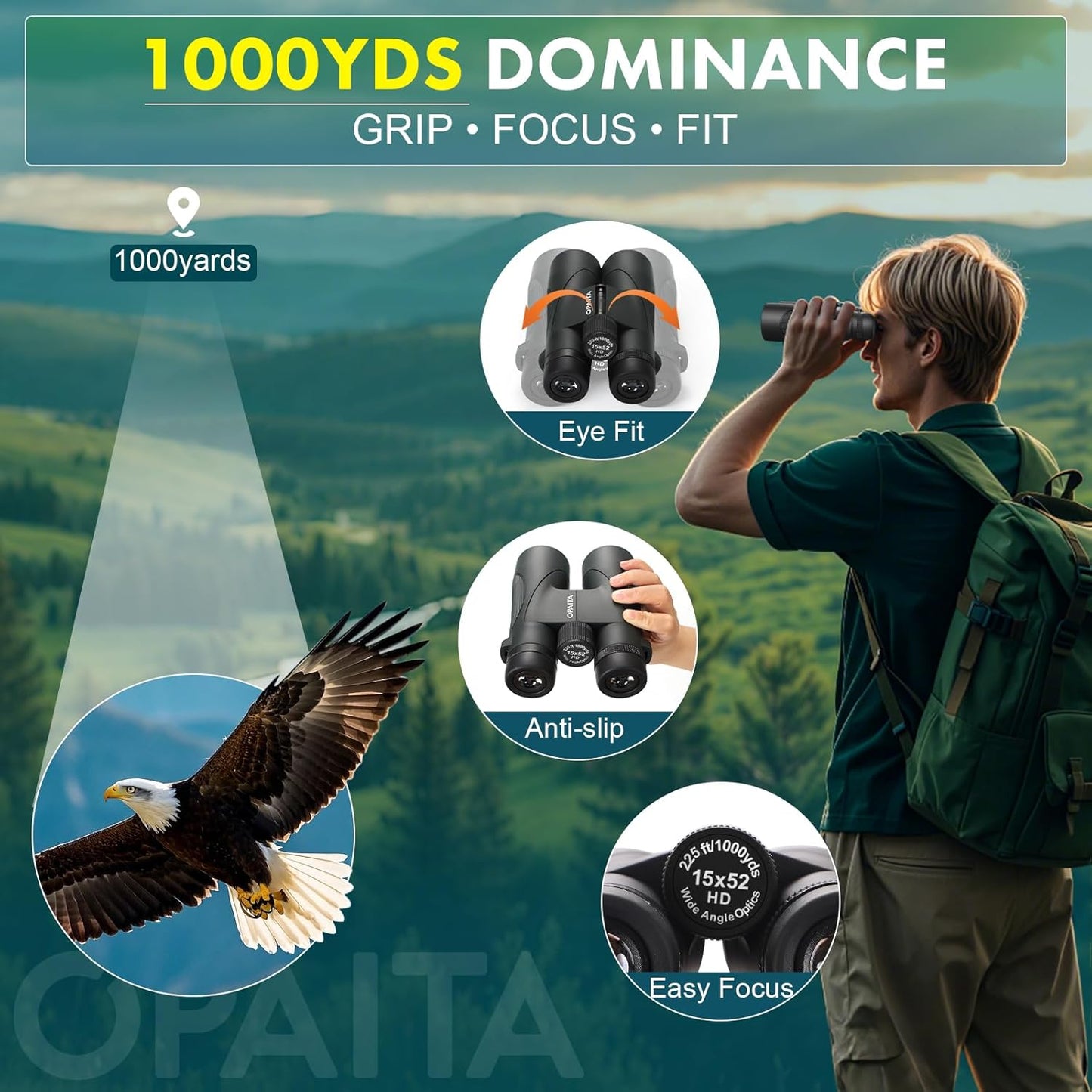 15x52 High Powered Binoculars for Adults - OPAITA HD Professional Bird Watching Binoculars with BAK4 Prism & FMC Lensfor Hunting, Stargazing, Travel, Sports - Birthday Gifts for Men