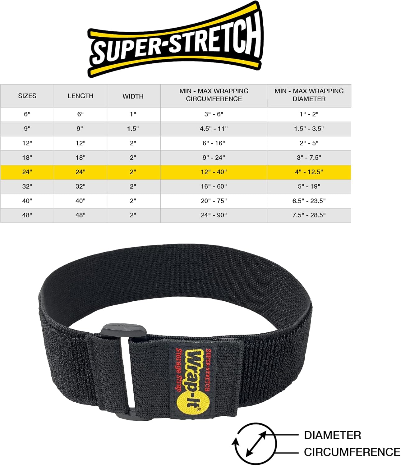 Super-Stretch Wrap-It Storage Straps - 24" (4 Pack) Black - Elastic Hook and Loop Cinch Straps fir Garden and Pool Hose Storage