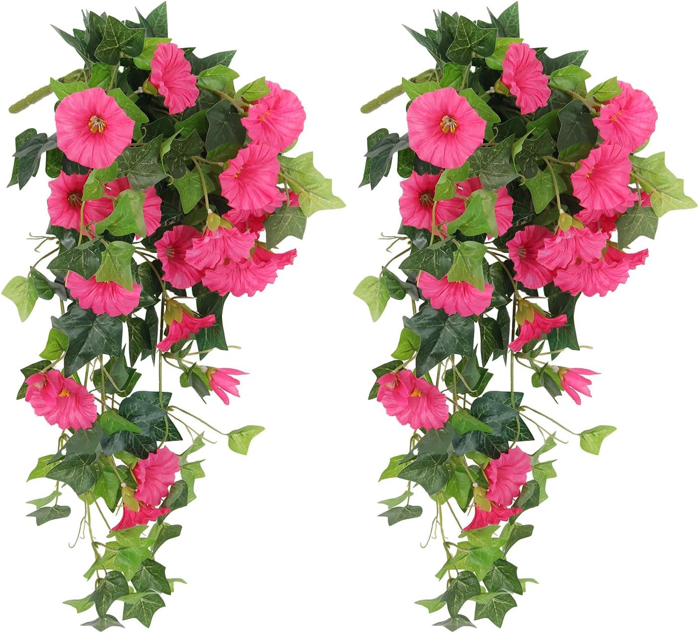 RECUTMS 2 Pcs Artificial Silk Fake Hanging Flowers for Outdoors, 18In UV Resistant Faux Petunias Trailing Plants Realistic Flower Look Real for Door Wall Yard Porch Garden Planter (Rose Red)