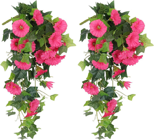 RECUTMS 2 Pcs Artificial Silk Fake Hanging Flowers for Outdoors, 18In UV Resistant Faux Petunias Trailing Plants Realistic Flower Look Real for Door Wall Yard Porch Garden Planter (Rose Red)
