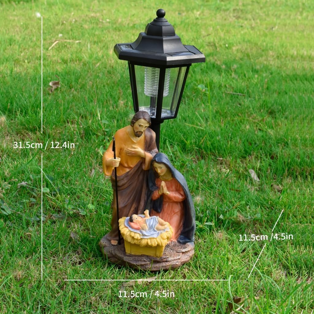 Solar Operated Light Nativity Scene Resins Religious Garden Lawn Ornament Decors