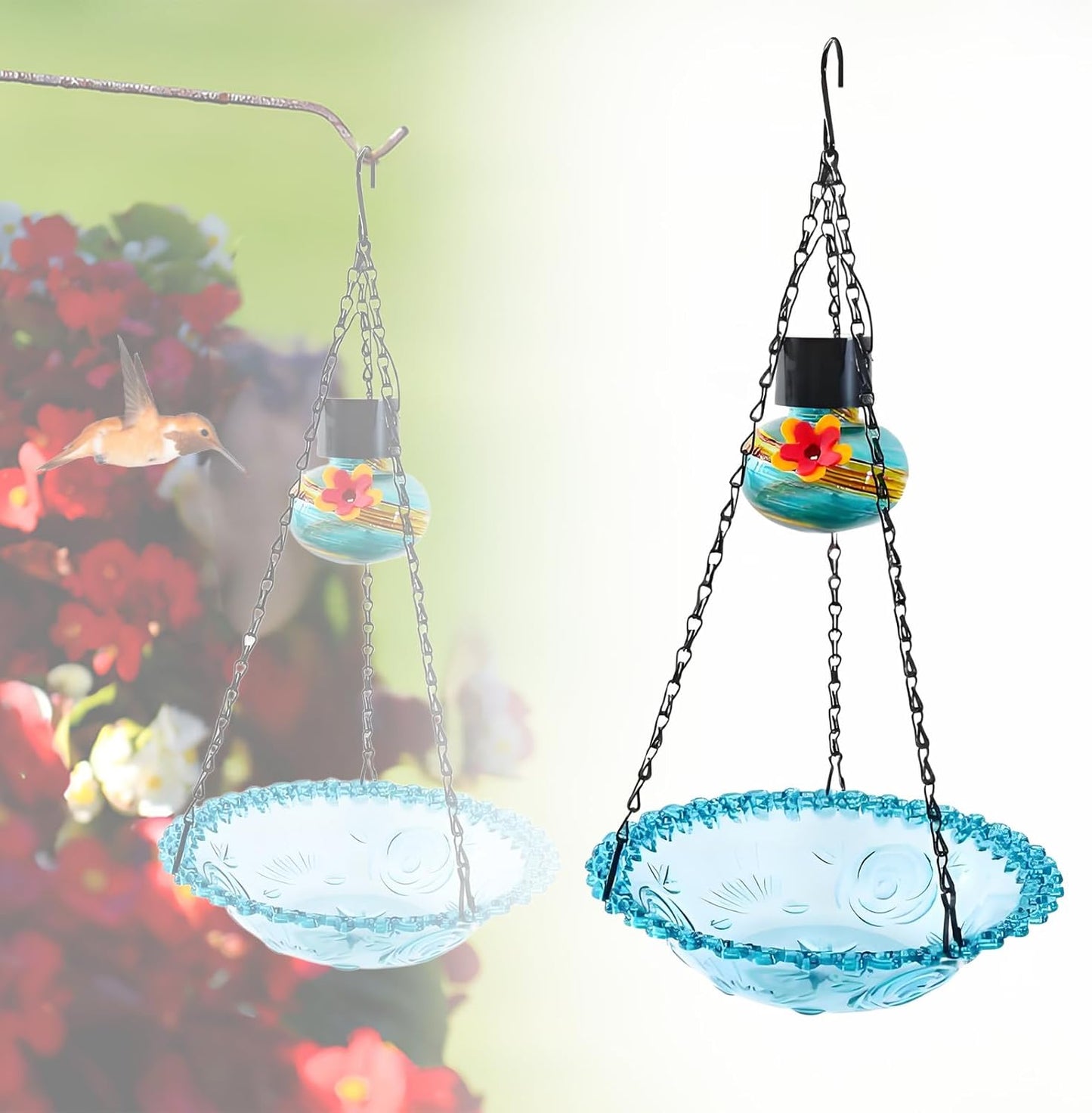 Hummingbird Feeder with Solar Light, Outdoor Hanging Glass Bird Feeder for Garden Patio, Solar Powered Lantern Design, Decorative Nectar Feeder