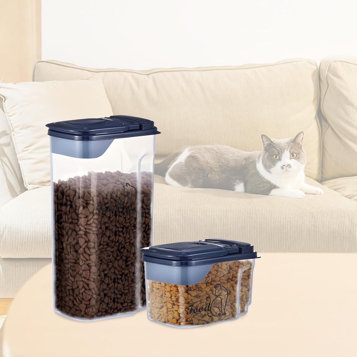 Cat Food Storage Container Combo (4.2QT and 1.6QT),2 Pcs Airtight Pet Food Containers with Pour Spout,Cat Treat Bin with Measuring Cup,Travel Cat Dog Food Container,BPA Free,Easy Grip