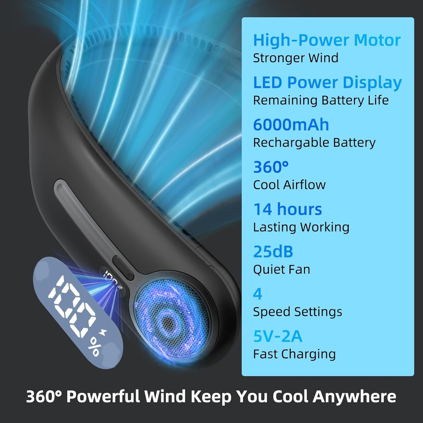 Portable Neck Fan,Hands Free Personal Wearable Bladeless Fan,6000mAh U